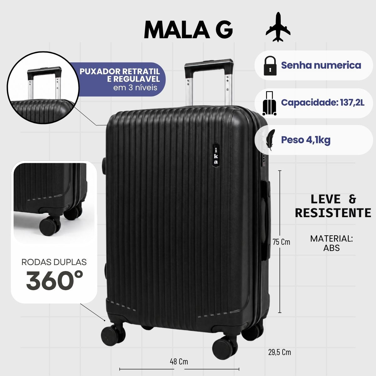 Mala De Viagem Grande 32 Kg Abs Com Expansor Scorpion Preta