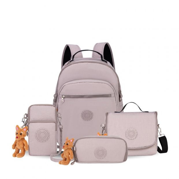 Kit Mochila + Lancheira + Estojo + Case Gurukan Bege